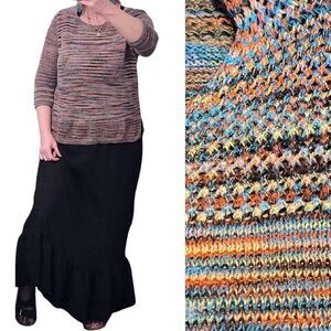 JohnPaulRichard Colorful Elbow Sleeve Crochet Knit Sweater Large